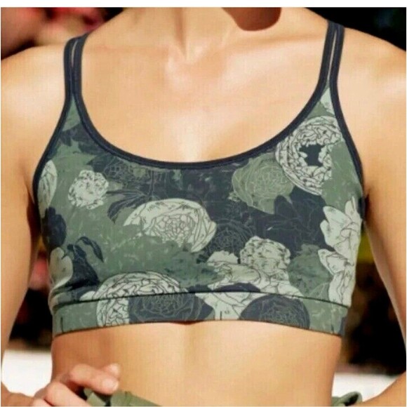 NWT FourLaps Vitality Sports Bra Peonies Print Thyme Green Yoga Athletic #395 - Picture 1 of 12